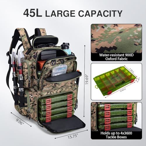 Goture Fishing Backpack with 4 Tackle Boxes,900D Water-Resistant Tackle Backpack with Rod Holders,Sunglasses Case,45L Large Storage Gear Bag with Rain Cover,Bottle Holder for Travel Camping Hiking - color: A2:camo 5#, size: Included 4 Tackle Boxes