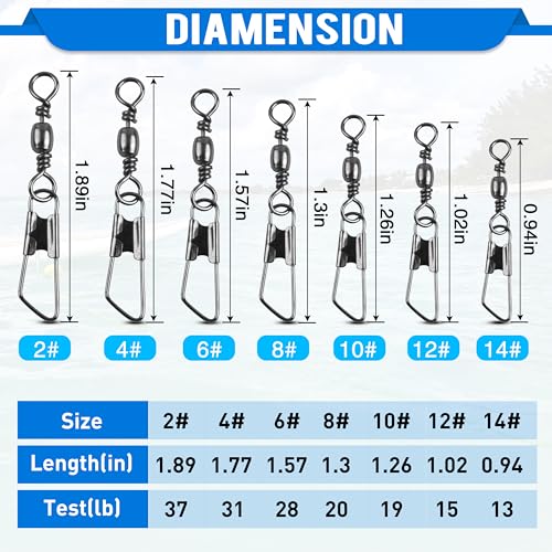 SILANON Fishing Barrel Swivels Snaps, Barrel Swivel with Safety Snap Stainless Steel Brass Swivels Fishing Tackle Line Connector High Strength Solid Rings for Saltwater Freshwater - size: 8#-28lb-60pcs