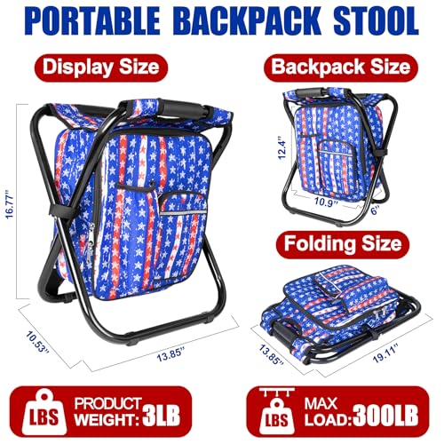 Kikerike Backpack Stool Cooler Chair Heavy Duty 300 LBS Max Load Portable Lightweight Stool Backpack Folding Fishing Cooler Seat for Camping Hunting Fishing - American Flag - color: American Flag