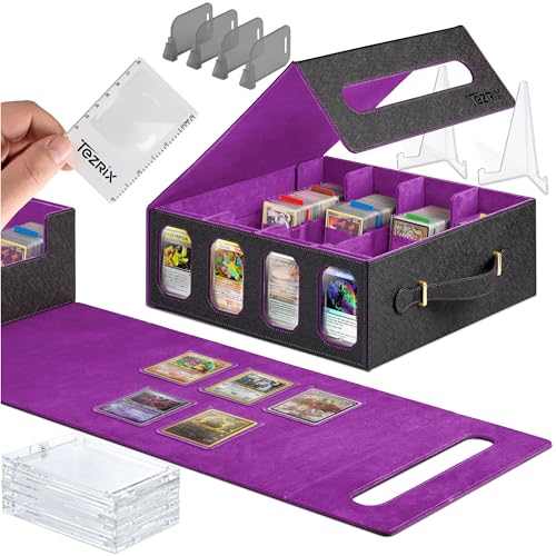 4-row Trading Card Storage Box with Display Windows | Magnifier Ruler, 2 Display Stands, 7 Cardholders & 24 Category Tabs Included | 3000+ Card Case with Magnetic Closure, Black Purple Card Box - color: Black, Purple (4 Row)