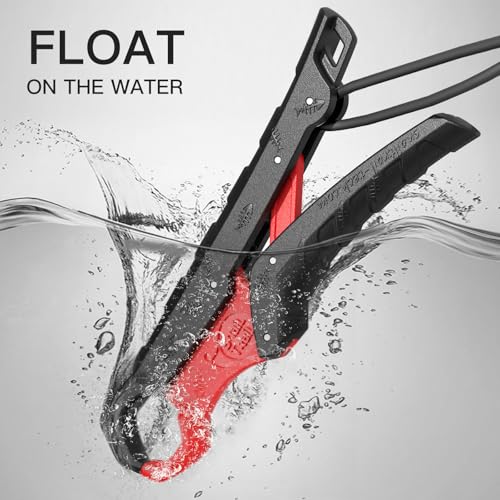 SNAIL TRAIL 7.5'' Floating Fish Gripper, Fishing Grabber, Catfish Mouth Pliers, Caught Bass Holder, Digital Scale Hook Clamp, Saltwater Lip Grip Tool with Lanyard, Gifts for Men, Black-Red