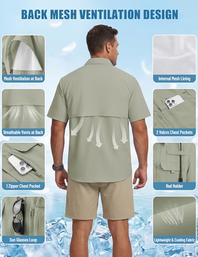 WULFUL Men's Sun Protection Fishing Shirts UPF 50+ Lightweight Quick Dry Cooling Short Sleeve Shirts for Work Hiking Safari - color: Sage Green, size: Large