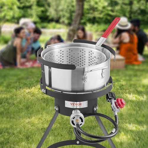 VEVOR 10 Qt Fish and Wing Fryer, Aluminum Propane Fish Fryer Kit, Outdoor Deep Fryer Seafood Pot with Thermometer, Strainer Basket, and 54,000 BTUs Propane Burners, for Outdoor and Backyard Cooking - style: 10-qt