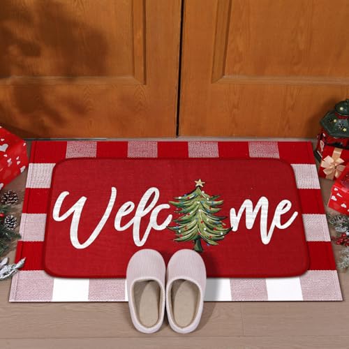 Tinideya 2 Pcs Christmas Doormats Xmas Tree Welcome Outdoor Door Mats Red and White Layered Front Door Rugs Non Slip Floor Mats for Holiday Porch Entryway Xmas Holiday Seasonal Decor - size: 16 x 28 Inch,24 x 35 Inch, style: Xmas Tree