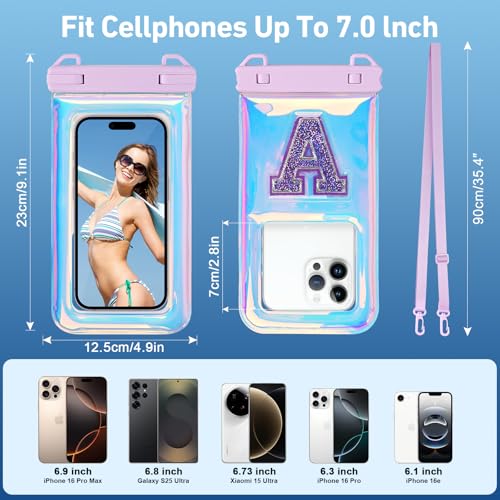 Waterproof Phone Pouch Floating, IPX68 Waterproof Phone Case with Lanyard for iPhone 17 16 15 Pro Max Samsung S26 S25 S24 S23, Up to 7 Inch, Beach Vacation Essentials, Iridescent Purple Letter - color: Iridescent Purple Letter