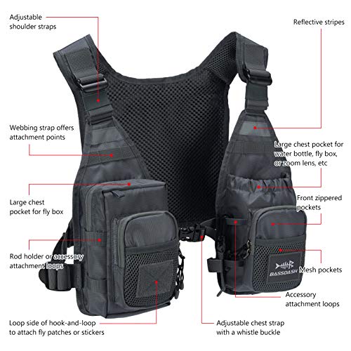 BASSDASH FV08 Ultra Lightweight Fly Fishing Vest for Men and Women Portable Chest Pack - color: Grey