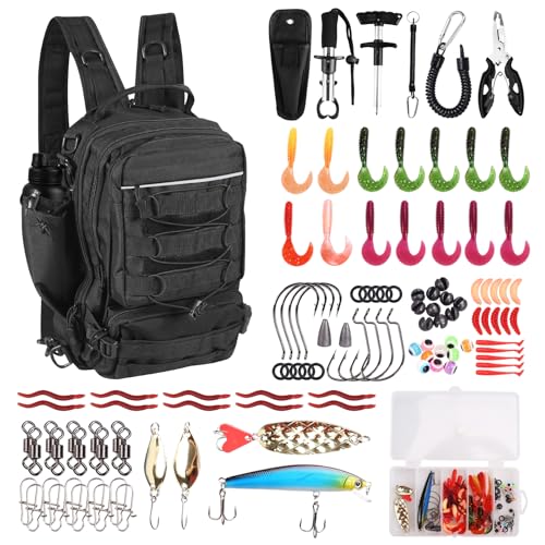 117Pcs Fishing Backpack with Tackle Boxes, Waterproof Fishing Tool Kit with Pliers, Fish Hook Remover, Lip Gripper Ideal Gift for Boys, Grandsons, Husband