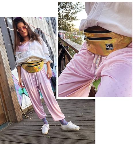 Vibe Festival Gear Rave Fanny Pack for Women Men – Festival, 4 Pockets, Adjustable Strap, Cute Waist Bag, Crossbody Belt Bag, Hiking, Running, Cycling - color: Gold, size: Fits Most