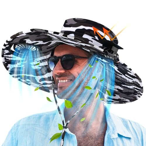 Berlune Sun Hat with 2 Solar Fan Wide Brim Fishing Bucket Hat USB & Solar for Men Women UPF 50+ Cooling for Fishing Beach - color: Black and White, size: 5.9 Inch Brim