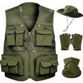 HUNTURE Fishing Vest,Pocket Vest and Hat Gloves Neck Gaiter Set for Men,Lightweight Utility Outerwear Vest - color: Green, size: X-Large