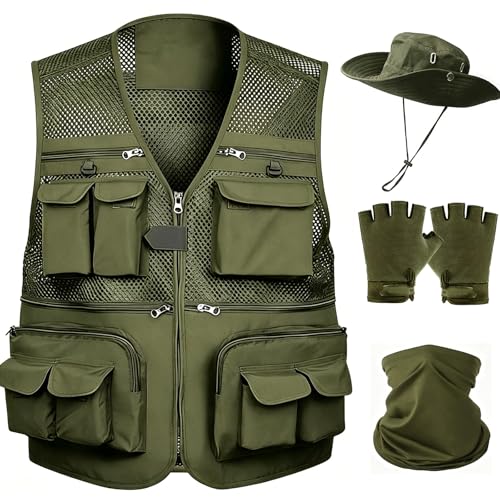 HUNTURE Fishing Vest,Pocket Vest and Hat Gloves Neck Gaiter Set for Men,Lightweight Utility Outerwear Vest - color: Green, size: X-Large