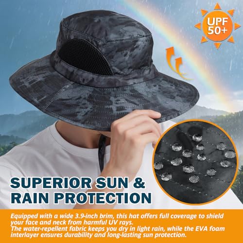 Wide Brim Sun Bucket Hat, Waterproof Boonie Hat for Men & Women | UPF 50+ UV Protection, Adjustable Fit, Chin Strap & Sweatband, Foldable Durable for Fishing Hiking Garden Beach - color: 05 Grey (Camo)
