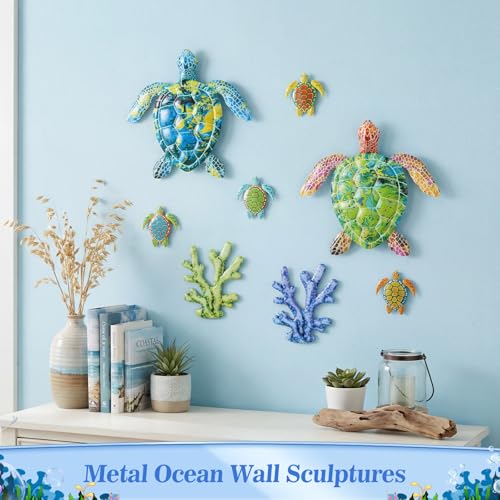 Tandefio 8 Pcs Metal Wall Decor Wall Art Hanging Decorations Outdoor Indoor Sculptures for Garden Fence Pool Home Porch (Turtle, Coral) - style: Turtle, Coral