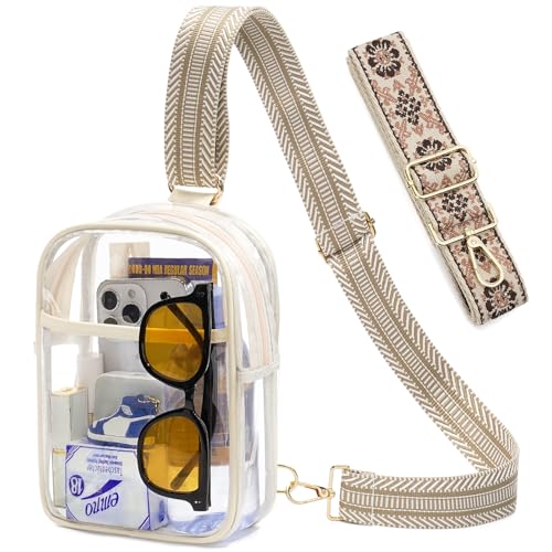 3 Pockets Clear Bag for Stadium Events with 2 Long Straps Sling Backpack Fanny Pack Concert Crossbody Purses for Women - color: 1# beige, style: Style 1