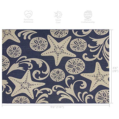 Gertmenian Indoor/Outdoor Flatweave Area Rug - 6x9 Medium, Stain & UV Resistant, Ideal For Deck, Patio, Poolside, Mudroom - Party Starfish Sand Dollar, Navy Blue Sand, 22299 - color: Party Starfish Sand Dollar Navy Blue Tan, size: 6'6" x 9'6" (Rectangular
