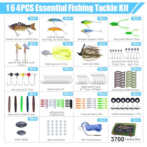 Goture Fishing Lures Kit,165pcs Bass Fishing Kit Including Soft Plastic Baits, Worms, Minnow, Crankbaits, Hooks,Swivels,Sinker Weights,3700 Tackle Box, Freshwater Fishing Gear Lure Set, Gifts of Men - color: A:165pcs Fishing Lures Kit
