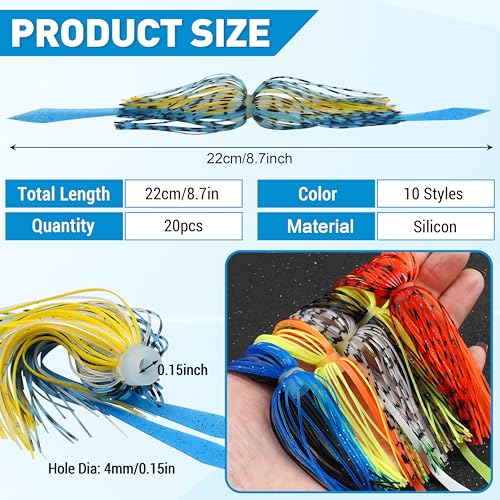 Silicone Jig Skirts 10/20pcs Spinnerbait Skirts with Tail Fishing Lure Skirts Replacement Quick Change Fishing Umbrella Skirts for Spinnerbaits Buzzbaits Bass Jig Lure Making Supplies - style: 20pcs