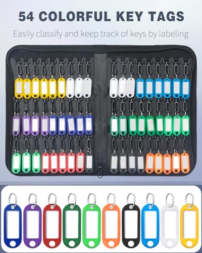 Uniclife Portable Zippered Key Case Waterproof and Fireproof Key Organizer with 54 Colorful Key Tags and Hooks Key Storage Book for Offices Real Estate Agencies Hotels and Rental Management - color: Black, size: 54 Keys