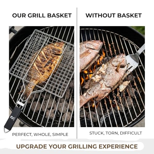 BBQ Grill Basket for Outdoor Cooking, Stainless Steel Fish Basket with Detachable Heat Resistant Handle, Lockable Design for Vegetables Shrimp Meat, Camping Cooking Rack, Grilling Accessories