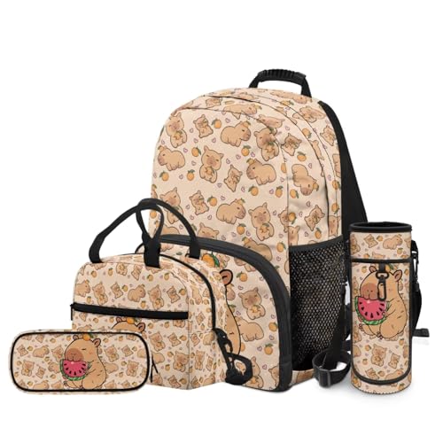 Cute Capybara Backpack Set for Boys Girls 4 Pieces School Backpack with Lunch Box & Pencil Case Pouch Water Bottle Sling Bag for Preschool Elementary Bookbag Set - color: Capybara
