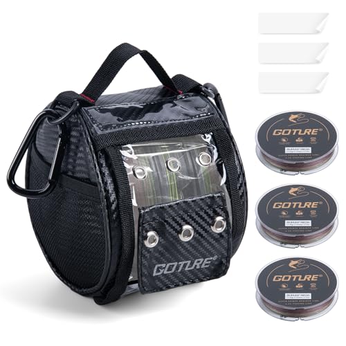 Goture 3/6 Outlet Holes Fishing Line Storage Bag, 2 Sizes Clear View Window Fishing Line Case, Removable Divider Fishing Line Organizer, Water-Resistant Surface, Tangle-Free Leader Line Spool Bag - color: 3 Hole - Bag & 3Pcs Green Braided Line