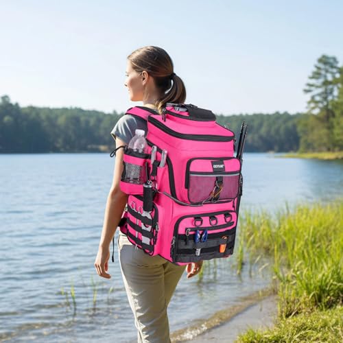 Goture Fishing Backpack with 4 Tackle Boxes, 900D Water-Resistant Tackle Backpack with Rod Holders,Insulated Cooler Compartment, 55L Large Capacity Fishing Gear Storage Bag for Saltwater & Freshwater - color: A3:pink(4 Tackle Boxes Included)