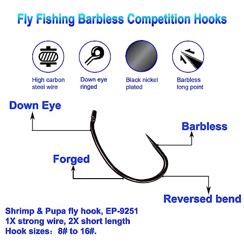 Eupheng 100pcs Plus Best Barbless Competition Fly Fishing Hook Collection, Dry Nymph Strimp&Pupa, Pupa jig Fly Hooks High Carbon Competition Hook - color: Shrimp & Pupa Fly Hook EP-9251, size: 12#