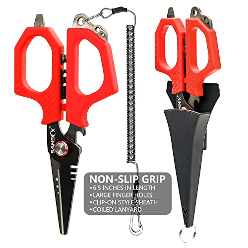 SAMSFX 6.5" Pro Fishing Shears Dual Serrated Blades, Fishing Braided Line Scissors with Titanium Coating, Non-Slip Grip & Multifunction Tool, Includes Hard Molded Locking Sheath & Coiled Lanyard - color: A: Red Kraton Handle, Hard Sheath