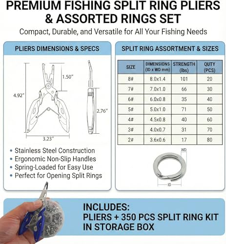 350pcs Flattened Split Rings Kit: 7-Sizes High Strength Steel Fishing Split Rings with Plier Set for Saltwater Lure Hook Connector - color: Silver