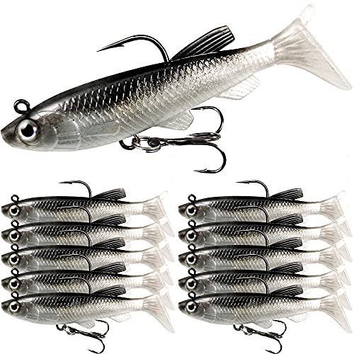Soft Fishing Lures Shad Minnow Swimbaits, Pre-Rigged Jig Heads Paddle Tail Swim Baits for Bass, Trout, Walleye, Crappie, Sinking Jigs Bait for Saltwater Freshwater, Fishing Gifts for Men - color: A2-Weedness Pre Rigged Swim Baits-10pcs- 3.15inch