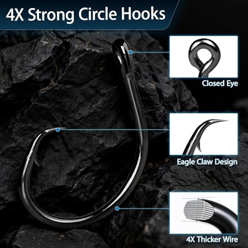 9KM DWLIFE Circle Hooks 25pcs 4X Strong Fishing Hooks – High Carbon Steel, Non-Offset Closed Eye, Wide Gap for Catfish, Striped Bass, Salmon –Circle Hooks for Saltwater & Freshwater - size: 3/0#