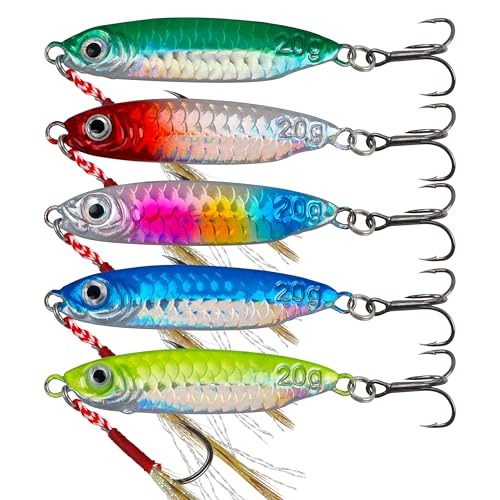 Saltwater Fishing Jigs Metal Jigging Spoon Long Casting Fishing Spoons Lures Jigging Fishing Lures Sinking Metal Spoon Vertical Slow Pitch Jigs with Assist Hook for Bass Salmon Trout - size: 5 pcs - 1/4 oz