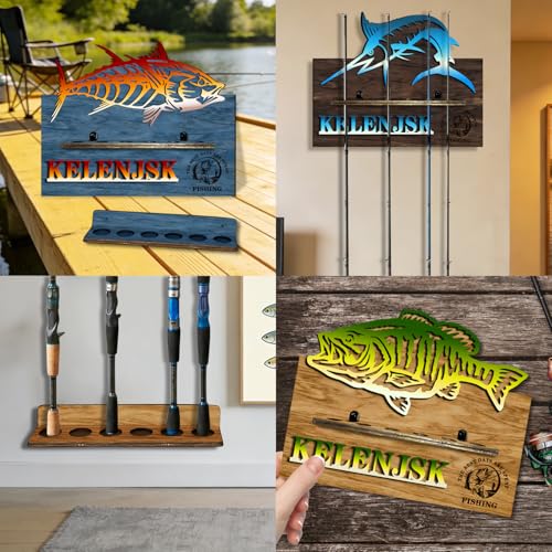 Personalized Fishing Rod Holder Wall Mount Custom Name Fishing Pole Rack for 6 Rods, Wooden Fishing Pole Rod Holders for Garage Storage Organizer Gifts for Men Women (6 Slots)