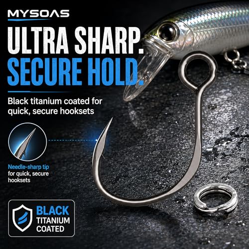 Inline Replacement Single Hooks for Hard Baits, Black Titanium Coated, Ultra Sharp & High-Strength, Includes Matching Split Rings — 4 Variants (#4-30 Pcs, #2-30 Pcs, #1-28 Pcs, #1/0-26 pcs) - color: #2-Inline-Single-Hooks, size: #2