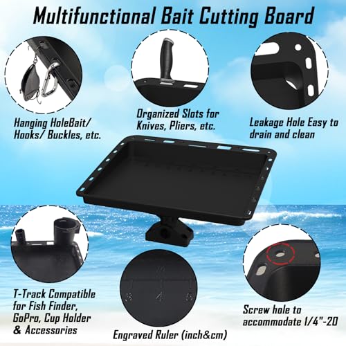 Adjustable Boat Bait Cutting Board – 360° Rotating Nylon Cutting Board Bait Table with Measuring Lines, Tool Slots, Drain Holes & T-Track Compatibility