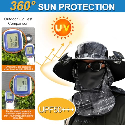 Solar Fan Hat, Wide Brim Solar Fan Outdoor Fishing Hat, 2 Solar Fan Hats for Men, USB Waterproof Outdoor Hiking Camping Fishing Hat with Removable Neck Flap and Face Cover for Fishing Black