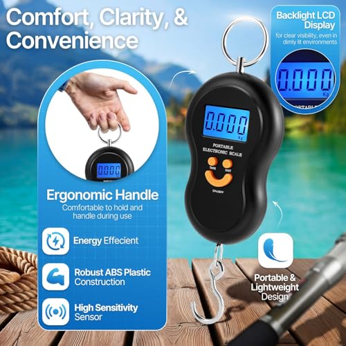 Flexzion Digital Hanging Scale – 110lb/50kg Portable Luggage Scale, and Fish Scale with Electronic Backlight LCD, Stainless Steel Hook