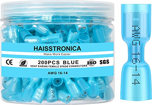 haisstronica 200PCS Blue Heat Shrink Female Spade Connectors,AWG 16-14 Heat Shrink Female Spade Terminlas Kit,Electrical Quick Disconnect Wire Connectors - color: Blue, size: AWG 16-14 Female 200PCS