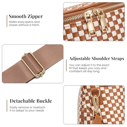 Woven Vegan leather Crossbody Bags For Women, Checkered Fashion PU Bum Bag Waist Pack, Travel Sling Purse with Adjustable Strap（Brown and White) - color: Brown and White