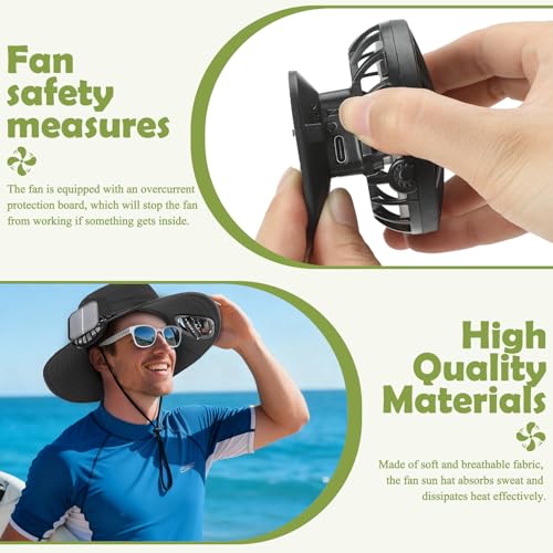 Berlune Sun Hat with 2 Solar Fan Wide Brim Fishing Bucket Hat USB & Solar for Men Women UPF 50+ Cooling for Fishing Beach - color: Dark Gray, size: 4.7 Inch Brim