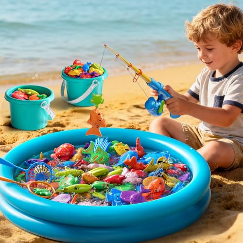 Magnetic Fishing Game Pool Toys for Kids 3 4 5 6 7 8, Water Table Bathtub Toys with Inflatable Pool, Bath Toys for Toddlers, Summer Outdoor Indoor Magnetic Fishing Toys Gifts for Boys Girls 3-5 4-8 - style: 51Fish+2Rod+2Net+2Bucket+Pool