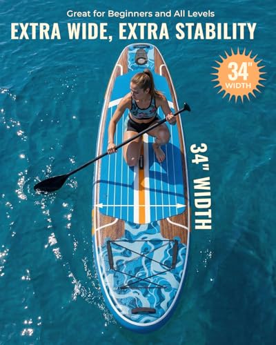 11ft Inflatable Stand Up Paddle Board, Wood Grain Ultra Lightweight SUP, 430lb Capacity for Adults Youth Family, for Fishing Surfing Camping, Includes Backpack & Pump - color: Blue Grained Walnut Wood