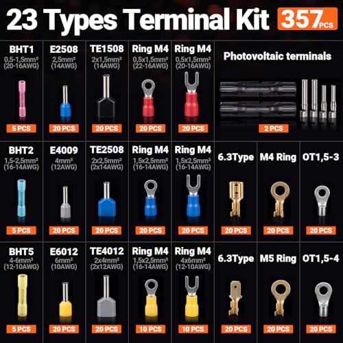 Preciva Crimping Tool Kit with 6 Interchangeable Jaws, Adjustable Ratchet Crimper with Pressure Knob, 361pcs Terminals, Ergonomic Handle & Storage Case – MC4 Crimping Tool for Electrical Work - size: 361