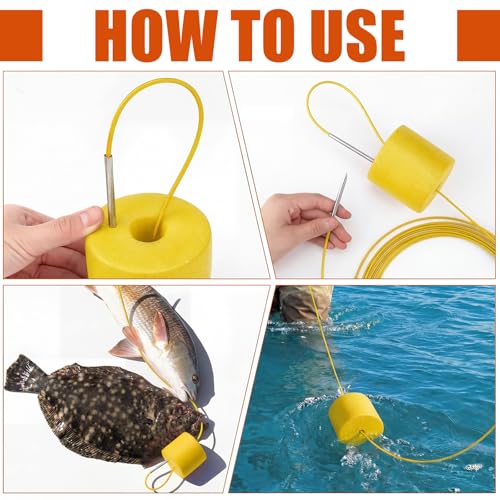 2 Pcs Fishing Stringer Heavy Duty with Float, Fish Stringer System, 15 ft 550lbs Fishing Holder with Metal Needle, Durable Rubber for Caught Fish Freshwater Saltwater Angling - color: Yellow