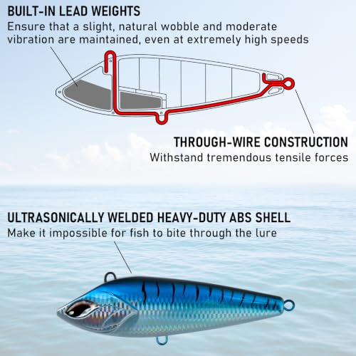 Alwonder High Speed Trolling Lures Up to 17 Knots Saltwater Fishing Lures Sinking Hard Baits 6-3/4”/7.5oz with Heavy-Duty 7/0 Hook Deep Diving Jerkbait Fishing Plug Offshore Lure for Marlin Tuna Wahoo - color: Chrome Bule