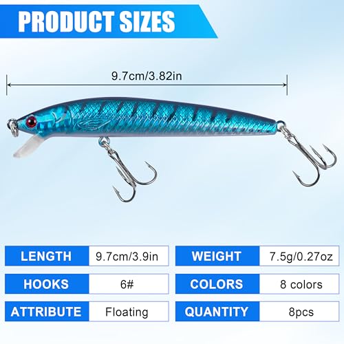 Suspending Jerkbait Fishing Lures, Minnow Lures Jerk Bait Bass Fishing Bait with Treble Hook Artificial Floating Jerkbait for Bass Trout Pike Walleye Freshwater Saltwater - color: Type A:8pcs-3.8in/0.27oz
