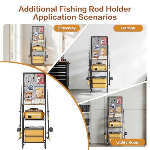 Olakee Fishing Rod Holders, Rolling Fishing Rod Rack for Garage & Boat, Tackle Box & Reel Holder Cart, Easy Assembly Fishing Gear Management System, Ideal Birthday Gift for Men Dad Anglers - color: 8 Rods,Brown