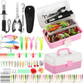 RoundFunny 3 Layers Fishing Tackle Box 414 Pcs Fishing Gift Lures Gear Kit with Tackle Included Pliers Lip Gripper Bait Hook Accessories for Beginner Fisherman Women Men, Fit Bass Trout - color: Pink