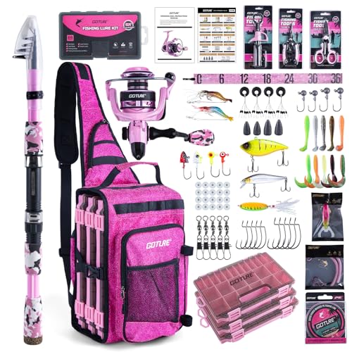 Goture Pink Fishing Rod and Reel Combo - ML Action Spinning Reel Pole with Pink Bag - Telescopic Rod Kit for Starter Travel Saltwater Freshwater, Gift for Woman - color: Pink Pole - Sparkling Sling Bag with 3600 Trays, size: 6FT/1.8M