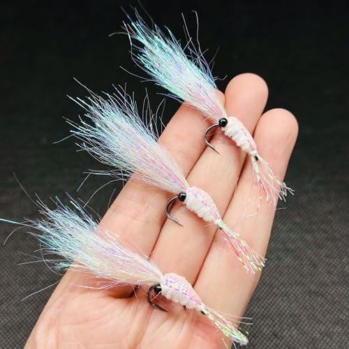 8Pc Bionics Crystal Flash Silk Shrimp Artificial Lures Fly Fishing Flies Saltwater Freshwater Bait Fishing for Bass Trout Salmon Hook Size #6 - color: Silvery